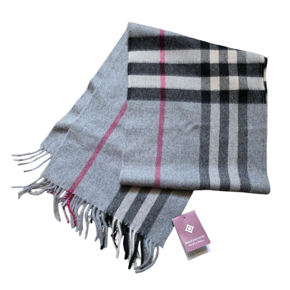 Fair Indigo Peruvian Baby Alpaca Wool Fringe Scarf Cozy Soft Winter Plaid NWT